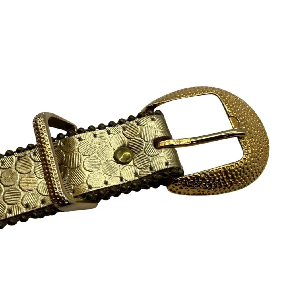 Gold Textured Belt Hammered Buckle Small Studded Edge Statement Belt Shiny Disco